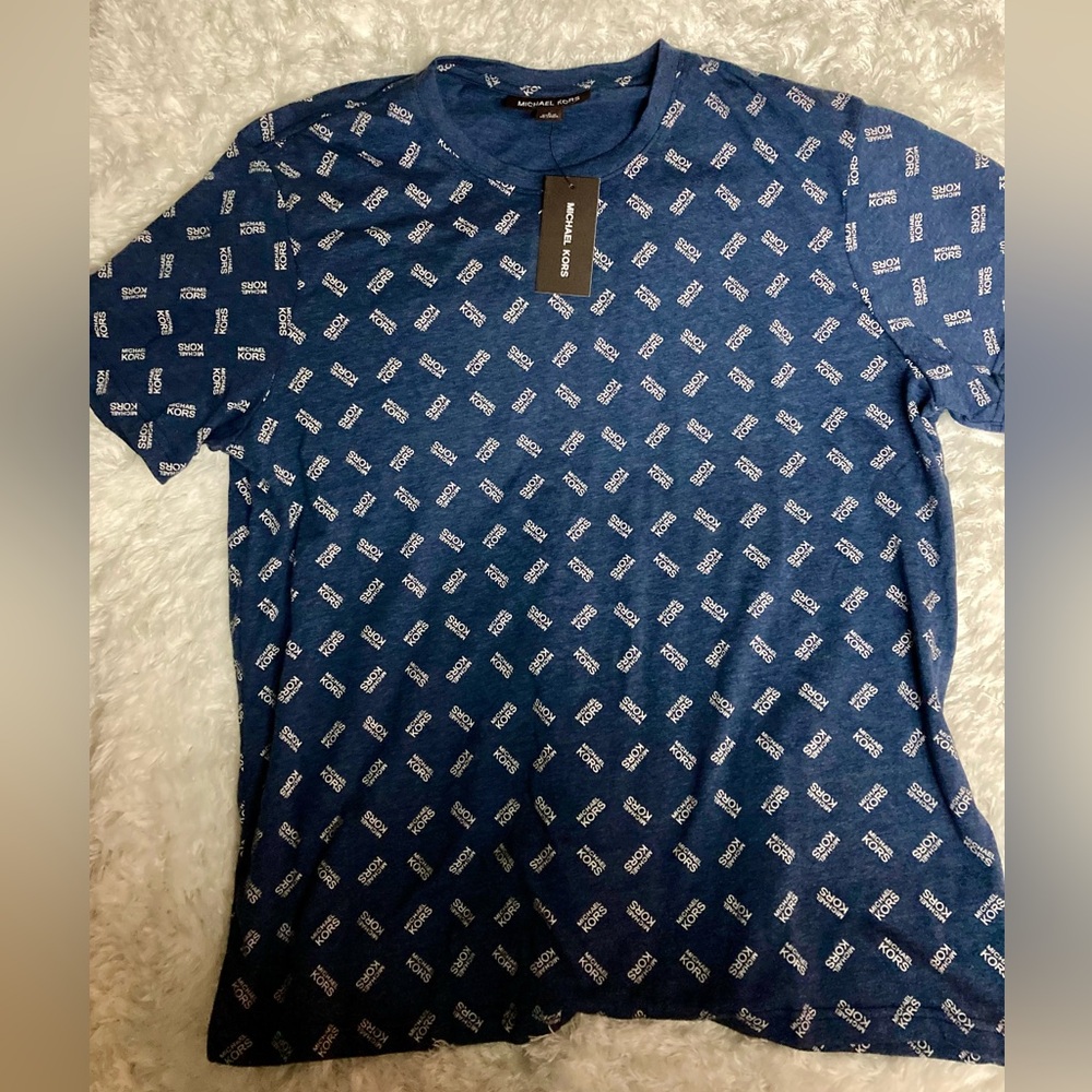 Michael Kors Navy Short Sleeve Logo Script Short Sleeve Shirt Mens sz Large